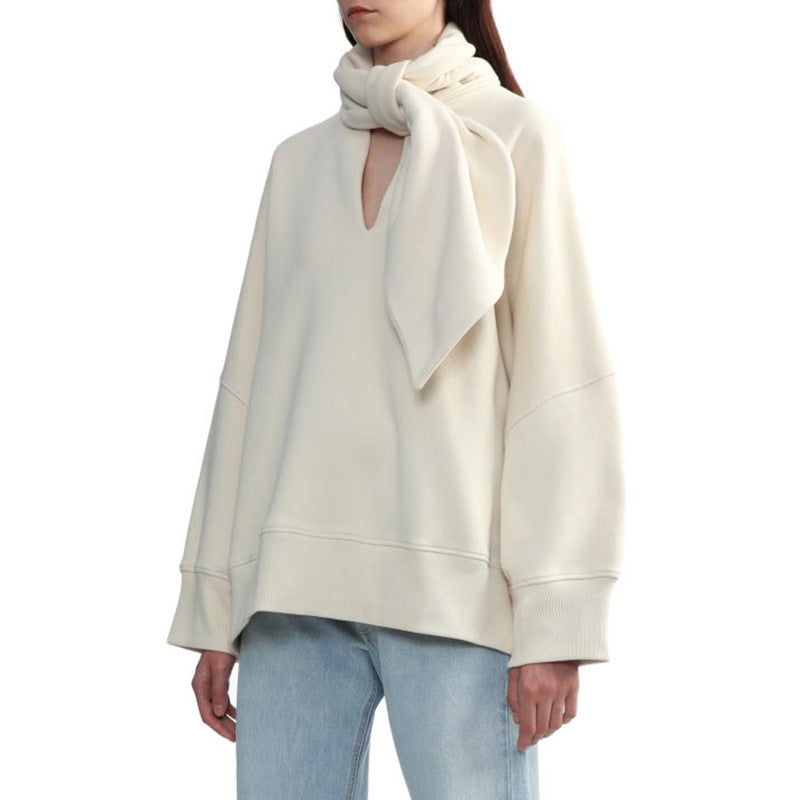 Women's Spring Scarf Collar Profile Loose Long Sleeve Irregular Sweatshirt