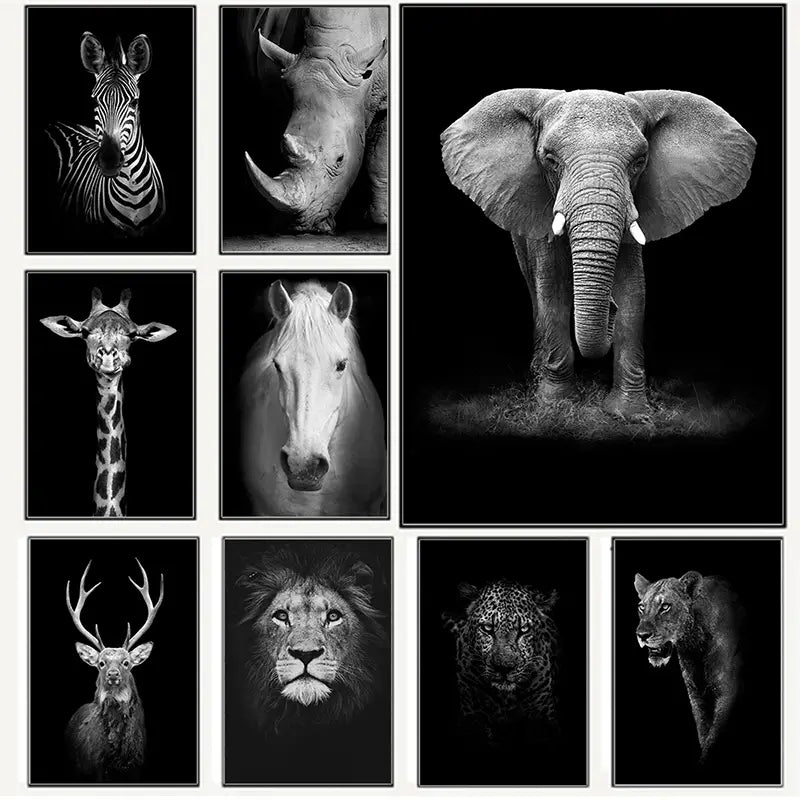 Black and White Animal Canvas Wall Art Poster (1pc)