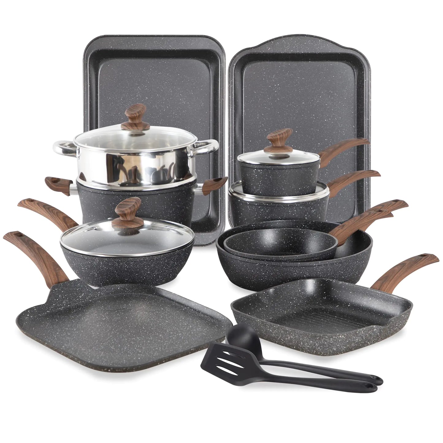 MAISON ARTS 17 Piece Pots and Pans Set Non Stick Kitchen Cookware Sets with Nonstick Granite Stone Coating Suitable for Induction Cooktops Black