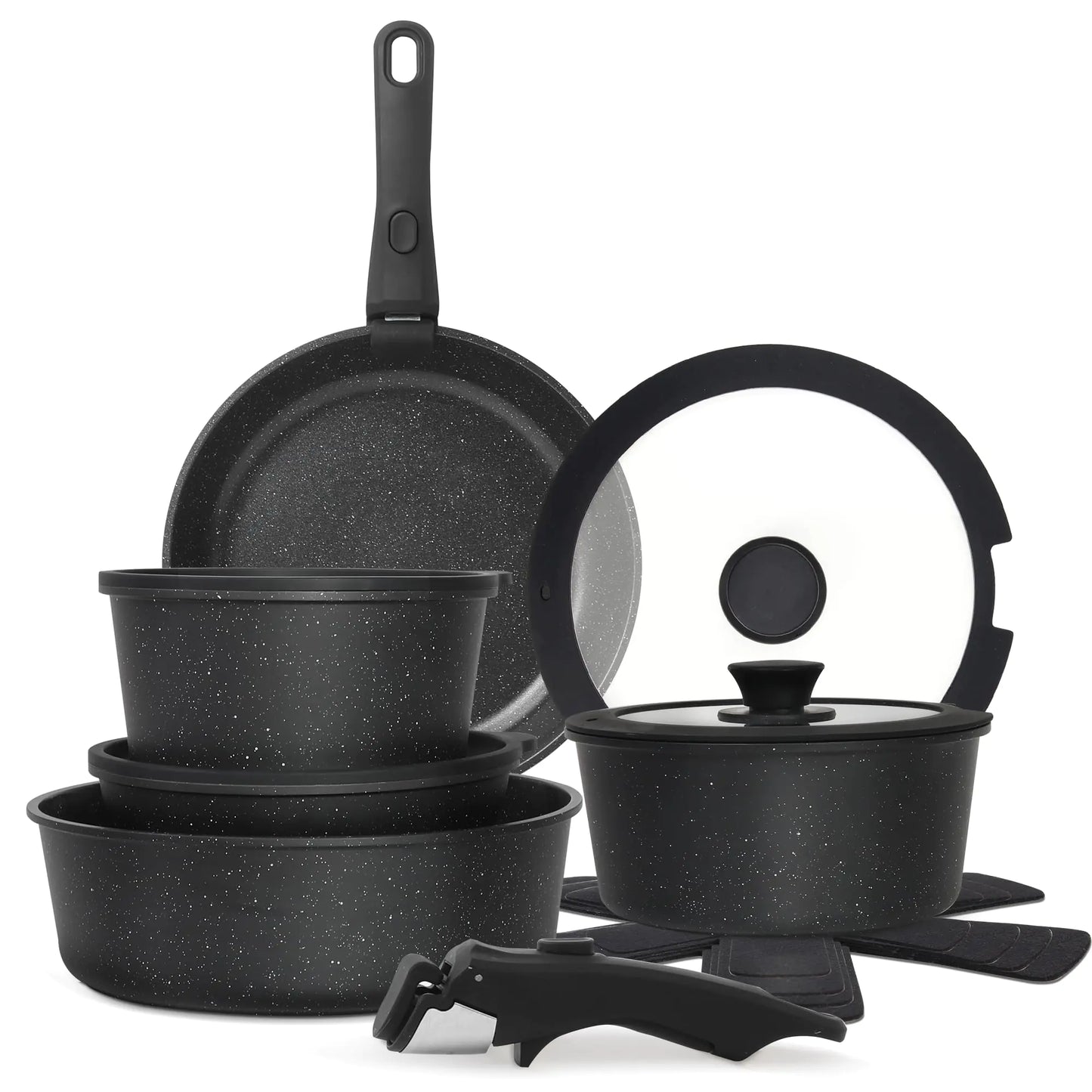 Cuisinluv 15PCS Pots and Pans Set Non Stick Kitchen Cookware Sets with Detachable Handle Ceramic Cookware Sets Non Stick RV Cookware Cooking Set Dishwasher & Oven Safe PFOA Free Black