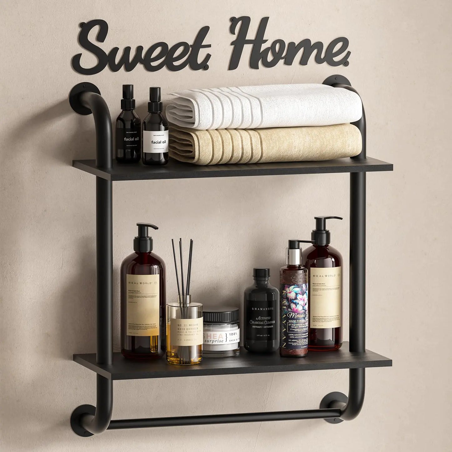 Tinpin Bathroom Shelves Wall Mounted Rustic Farmhouse Pipe Shelves Wall Shelves 2-Tier Industrial Pipe Shelving Floating Shelf Wall Decor for Bathroom Kitchen Bedroom Living Room 17.3in Black