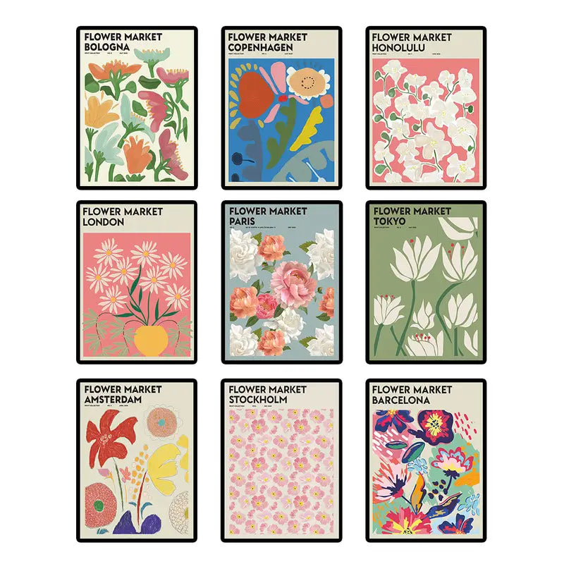9pcs Frameless Vintage Flower Wall Art Posters (7.9x11.8in)