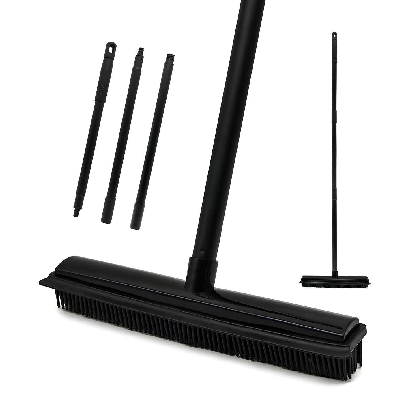 Rubber Broom Carpet Rake for Pet Hair Removal 3 in 1 Floor Brush for Carpet Soft Push Broom with 47" Long Handle Pet Hair Broom with Squeegee for Carpet Fluff Hardwood Floor Tile (Black)