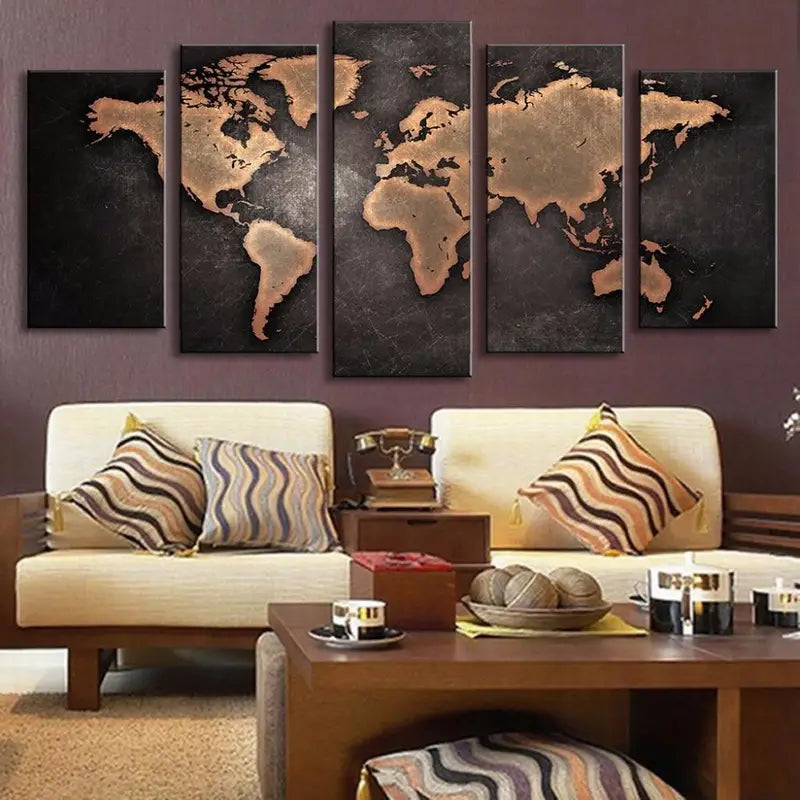 5pcs HD Printed World Map Canvas Wall Art Set