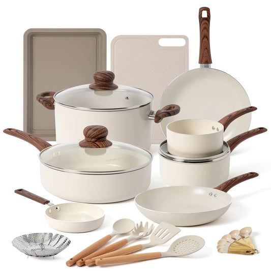 ONGIFT 23 Pcs Ceramic Pots and Pans Set Nonstick Kitchen Cookware Sets with Frying Pan Saucepan Saute Pan Lightweight Cooking Set with Stay-Cool Wood Handles NO PFAS and PFOA Dark Wood