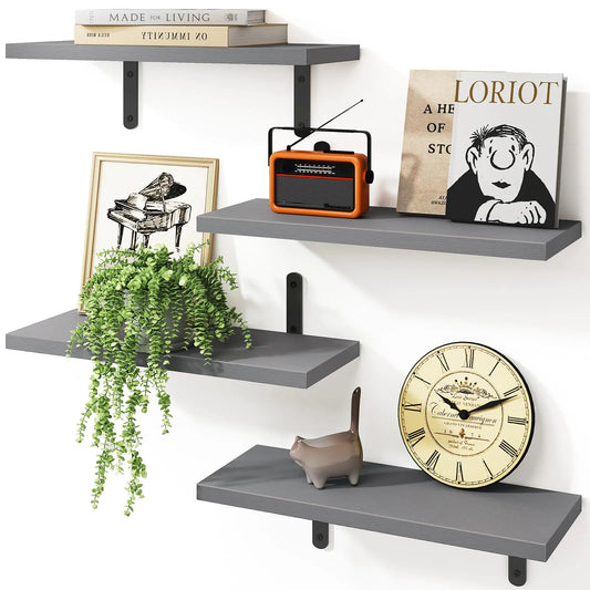 Fixwal Grey Floating Shelves for Wall 4 Sets Wood Shelves Farmhouse Wall Shelf Wall Mounted Floating Shelves for Bedroom Decor Bathroom Storage Book Shelf for Wall - Grey