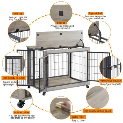 Furniture Style Dog Cage Side Table With Wheels With Double Doors And A Raised Top. Grey
