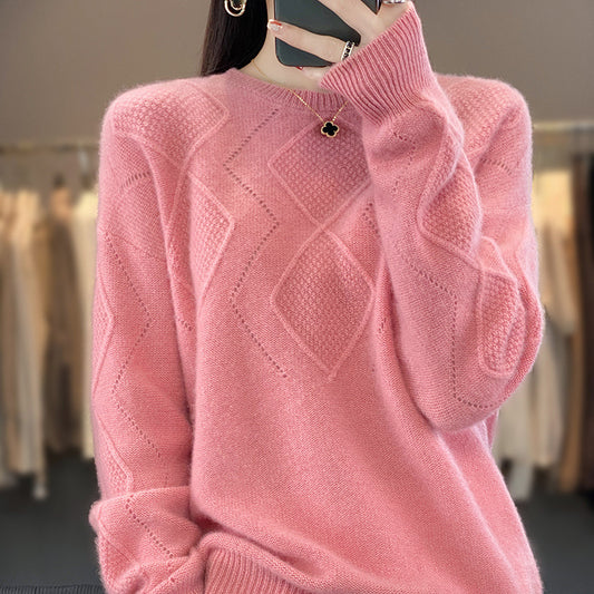 Women's Fashionable Round Neck Pullover Hollow Out Bottoming Knitted Sweater