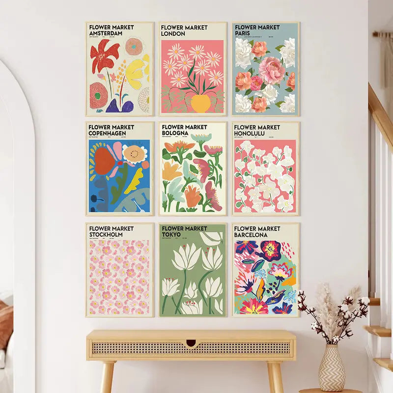 9pcs Frameless Vintage Flower Wall Art Posters (7.9x11.8in)