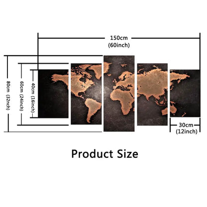 5pcs HD Printed World Map Canvas Wall Art Set