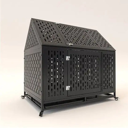 Heavy Duty Dog Crate 45 Inch Indestructible Pet Dog Cage Crate Kennel With Roof Top 2 Doors Removable Trays