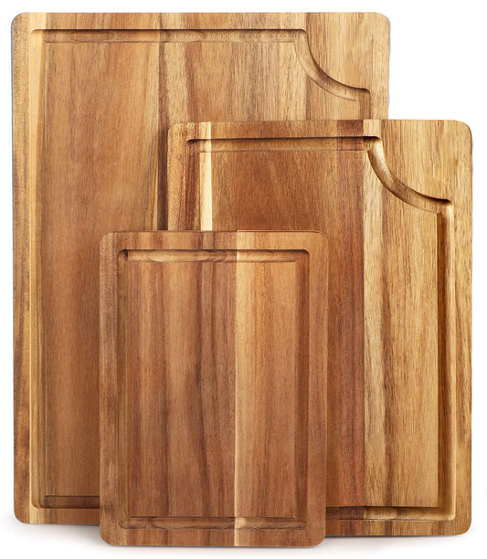 Acacia Wood Cutting Board Set with Juice Groove (3 Pieces) Organic Wooden Cutting Boards for kitchen Butcher Block Cutting Board for Meat Vegetable Wooden Chopping Board 15x10 12x8 9x6 inch