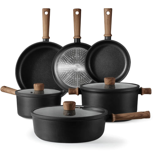 CAROTE 9pcs Pots and Pans Set Non Stick Nonstick Kitchen Cookware Sets Titanium Induction Cookware Sets with Stay-Cool Handle Black