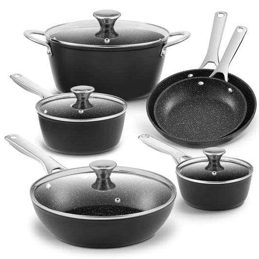 Induction Cookware Nonstick BEZIA Pots and Pans Set for Induction Cooktop Compatible with All Stoves Dishwasher Safe Kitchen Cooking Pan Set with Frying Pans Saucepans & Stockpot 10-Piece (Black)
