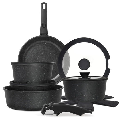 Cuisinluv 15PCS Pots and Pans Set Non Stick Kitchen Cookware Sets with Detachable Handle Ceramic Cookware Sets Non Stick RV Cookware Cooking Set Dishwasher ＆ Oven Safe PFOA Free Black