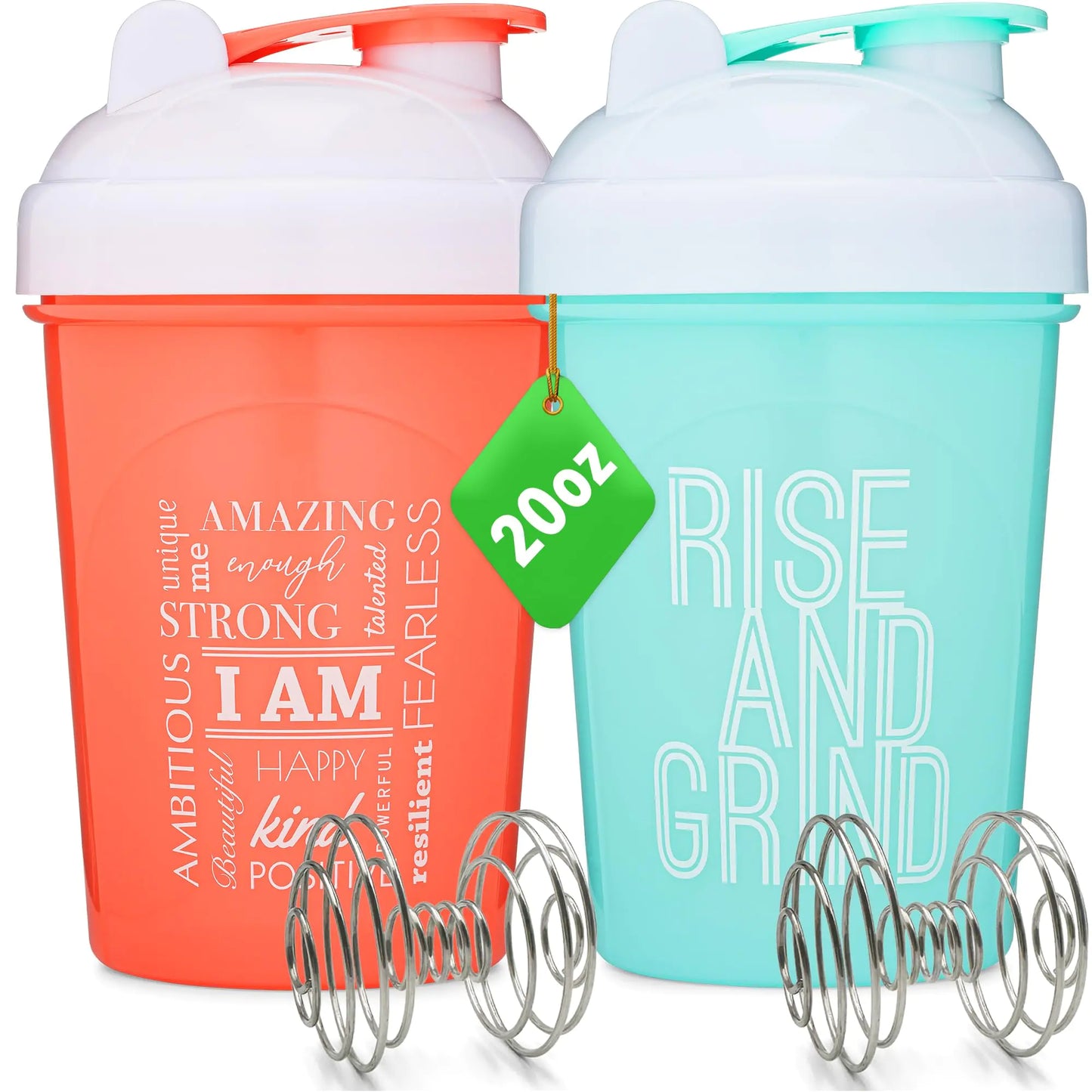 [2 Pack] 20-Ounce Shaker Bottle with Motivational Quotes (Coral & Mint) | Protein Shaker Bottle with 2x Wire Mixers | Blender Shaker Bottle for Protein Mixes Pack is BPA Free and Dishwasher Safe