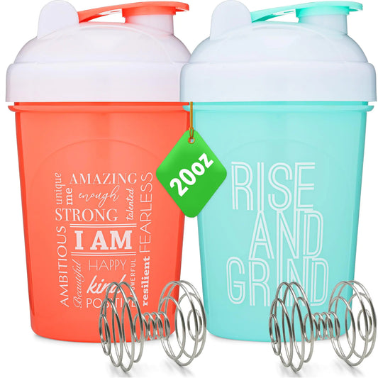 [2 Pack] 20-Ounce Shaker Bottle with Motivational Quotes (Coral & Mint) | Protein Shaker Bottle with 2x Wire Mixers | Blender Shaker Bottle for Protein Mixes Pack is BPA Free and Dishwasher Safe