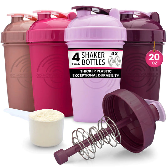 GOMOYO [4-Pack] 20 oz Protein Shaker Bottles | Womens Shaker Cups for Protein Shakes | Small Blender Shaker Bottle Set | Dishwasher Safe with 4x Action-Rod Wire Mixers | Pinks and Purples