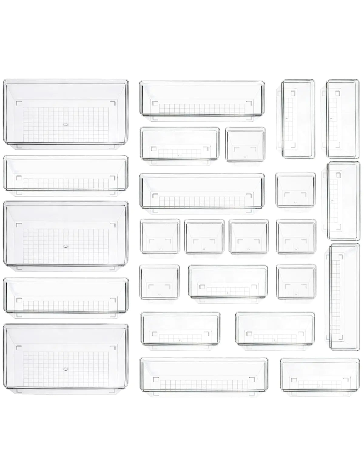 Clear Plastic Drawer Organizer Storage - 25Pcs 4 Size Desk Bathroom Kitchen Organizers and Accessories Office Organization Vanity Stackable Drawers Bins Trays Containers Dividers Makeup Sets
