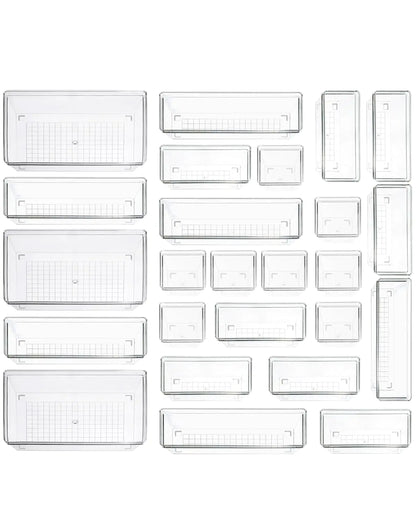 Clear Plastic Drawer Organizer Storage - 25Pcs 4 Size Desk Bathroom Kitchen Organizers and Accessories Office Organization Vanity Stackable Drawers Bins Trays Containers Dividers Makeup Sets