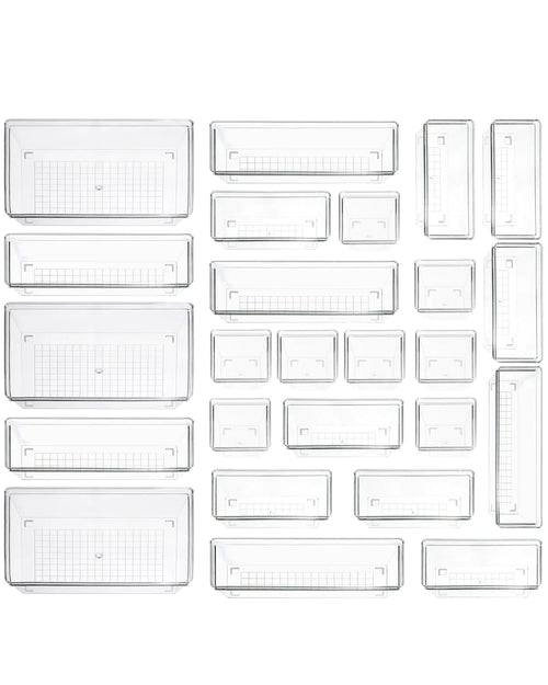 Clear Plastic Drawer Organizer Storage - 25Pcs 4 Size Desk Bathroom Kitchen Organizers and Accessories Office Organization Vanity Stackable Drawers Bins Trays Containers Dividers Makeup Sets
