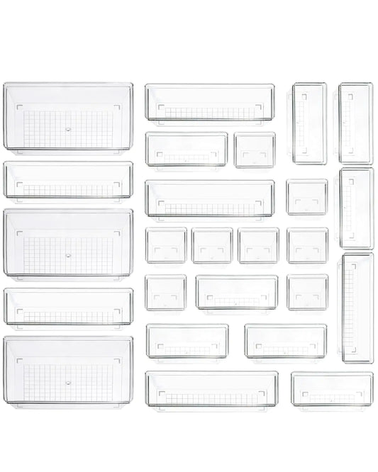 Clear Plastic Drawer Organizer Storage - 25Pcs 4 Size Desk Bathroom Kitchen Organizers and Accessories Office Organization Vanity Stackable Drawers Bins Trays Containers Dividers Makeup Sets
