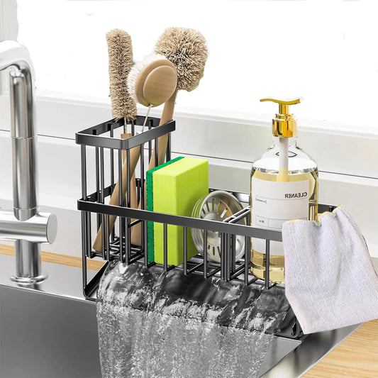 Jefuzh Sponge Holder for Kitchen Sink Kitchen Sink Caddy with High Brush Holder Stainless Steel Rustproof Kitchen Organizers and Storage Essentials Dish Soap Dispenser for Kitchen Sink