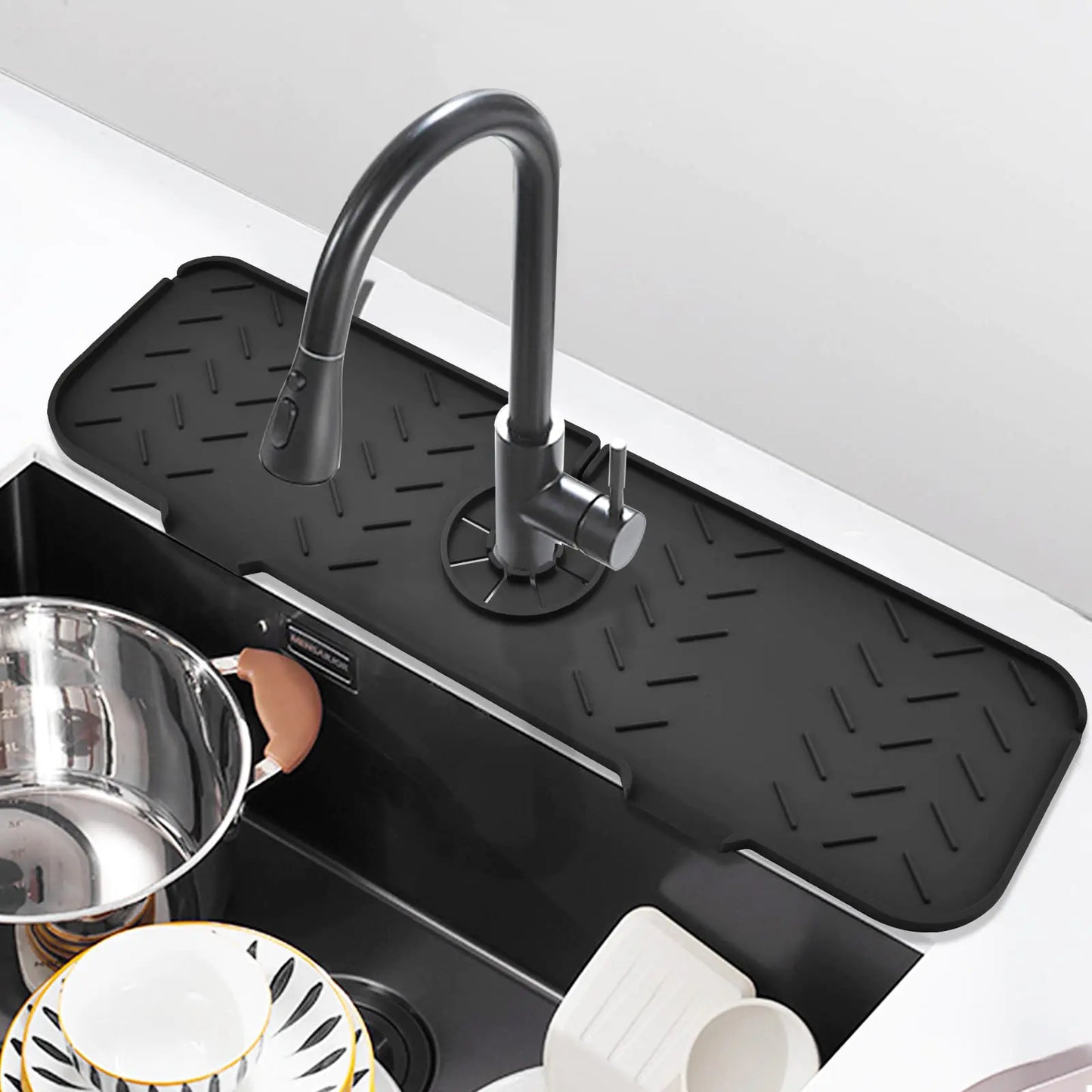 Burfocus 2PCS Silicone Faucet Mat  Sink Splash Guard Silicone Faucet Handle Drip Catcher Tray Sponge Holder Sink Protector for Kitchen Bathroom Farmhouse &Sink Accessories (Black (19.7" x 5.6"))
