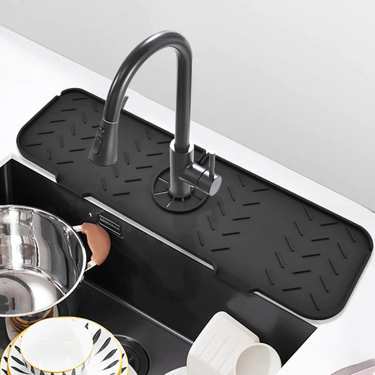 Burfocus 2PCS Silicone Faucet Mat  Sink Splash Guard Silicone Faucet Handle Drip Catcher Tray Sponge Holder Sink Protector for Kitchen Bathroom Farmhouse &Sink Accessories (Black (19.7" x 5.6"))