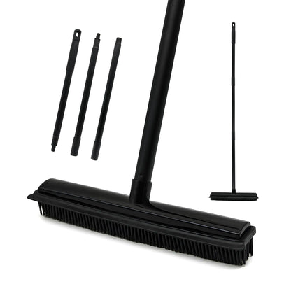 Rubber Broom Carpet Rake for Pet Hair Removal 3 in 1 Floor Brush for Carpet Soft Push Broom with 47" Long Handle Pet Hair Broom with Squeegee for Carpet Fluff Hardwood Floor Tile (Black)