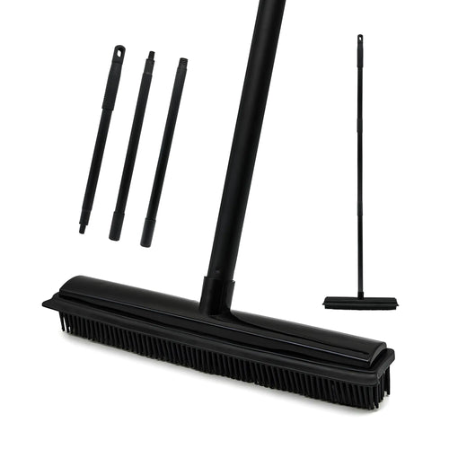 Rubber Broom Carpet Rake for Pet Hair Removal 3 in 1 Floor Brush for Carpet Soft Push Broom with 47" Long Handle Pet Hair Broom with Squeegee for Carpet Fluff Hardwood Floor Tile (Black)