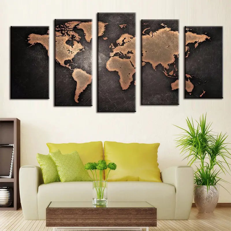 5pcs HD Printed World Map Canvas Wall Art Set