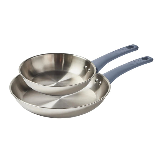 T-fal Essentials Stainless Steel Fry Pan Set 2 Piece 8" and 10.5" Induction Compatible Oven Safe 350F Pots and Pans Set Cooking Skillets Cookware Kitchen Frying Pans Dishwasher Safe Silver/Blue