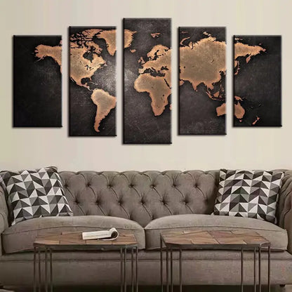 5pcs HD Printed World Map Canvas Wall Art Set