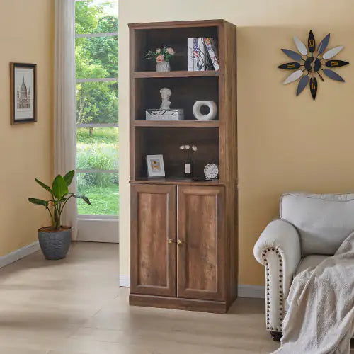 1 Door Bookshelf With USB Port And 3 Open Bookshelf Bookshelves Side Cabinet Storage Shelves, Rustic Brown