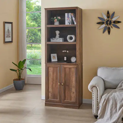 1 Door Bookshelf With USB Port And 3 Open Bookshelf Bookshelves Side Cabinet Storage Shelves, Rustic Brown