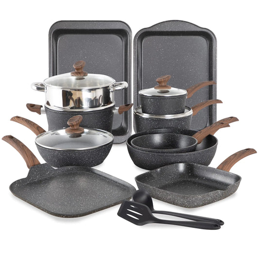 MAISON ARTS 17 Piece Pots and Pans Set Non Stick Kitchen Cookware Sets with Nonstick Granite Stone Coating Suitable for Induction Cooktops Black