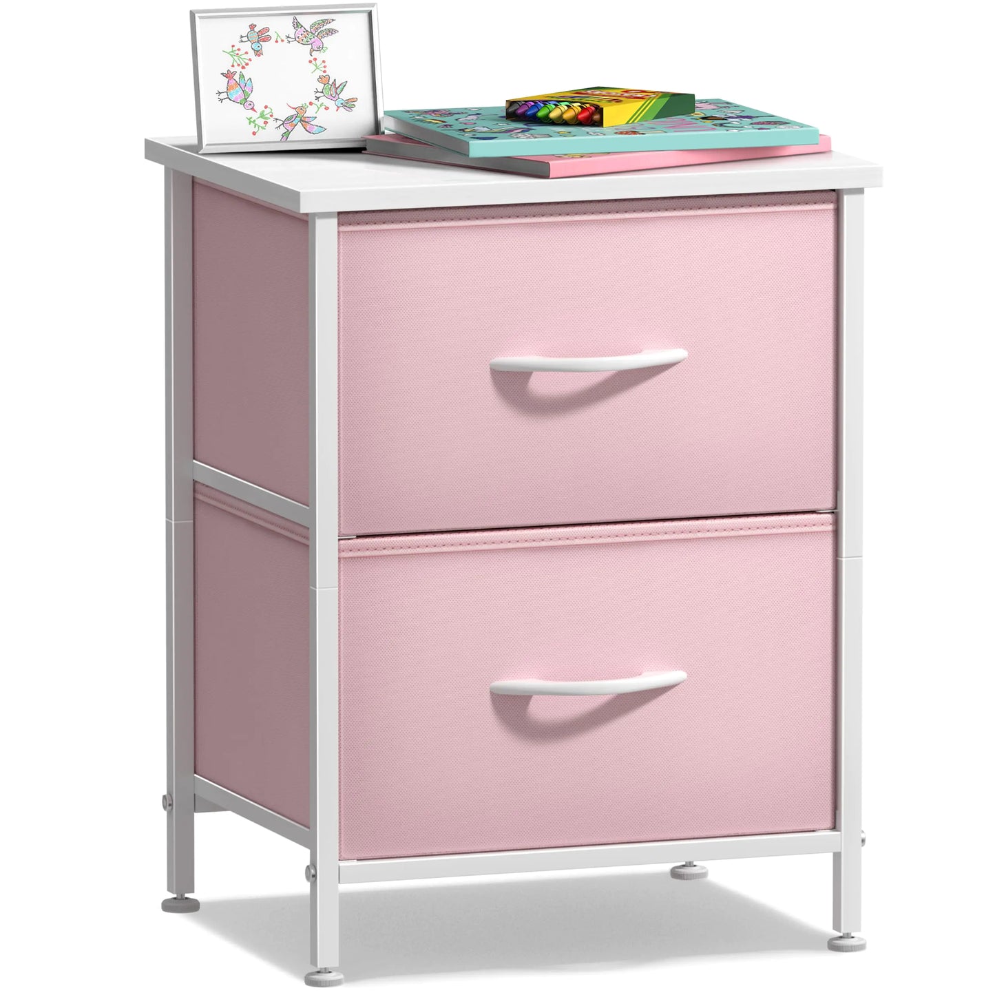 Sorbus Nightstand with 2 Drawers - Kids Bedside Furniture End Table Night Stand - Steel Frame Wood Top & Easy Pull Fabric Bins - Dresser & Chest for Home Bedroom Accessories Office & College Dorm
