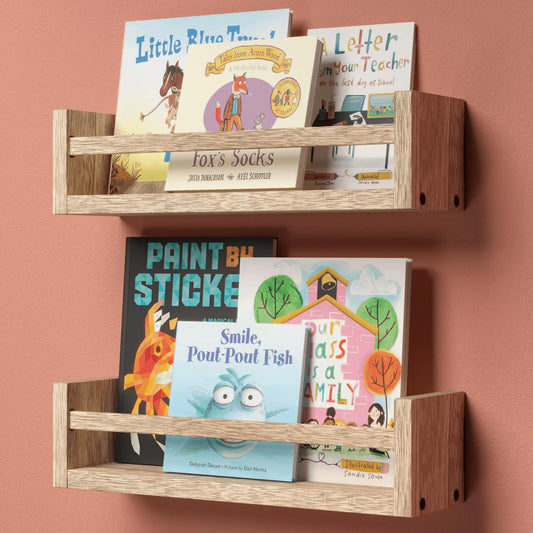 Boswillon 15 Inches Nursery Bookshelves Floating Kids Bookshelves for Wall Set of 2 Baby Room Wall Decor Wall Mounted Wood Shelves for Books Toys and Wall Storage - Rustic Brown