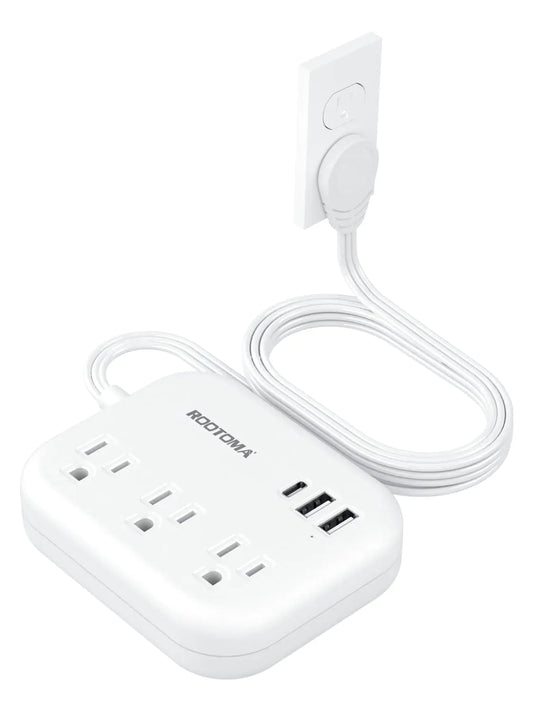 Flat Extension Cord 5 FT Behind Furniture-Ultra Slim Cord Under Carpet Rug Door Long Extension Cord with 3 USB 3 Outlets Low Profile Extension Cord for Travel Office Indoor 1080 Joules Protected