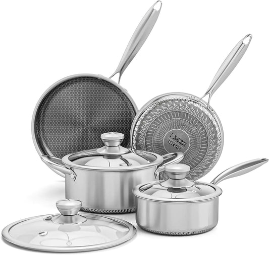 AuFranc® Hybrid Nonstick Stainless Steel Pots and Pans Set Induction Cookware Set with Tempered Glass Lids Non-stick Pot and Pan Set Suitable for All Cooktops Non-Toxic Dishwasher & Oven Safe
