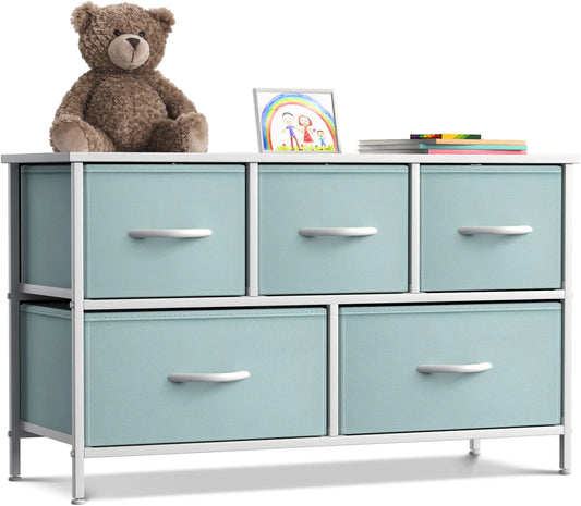 Sorbus Kids Dresser with 5 Drawers - Storage Chest Organizer Unit with Steel Frame Wood Top Easy Pull Fabric Bins - Long Wide TV Stand for Bedroom Furniture Hallway Closet & Office Organization