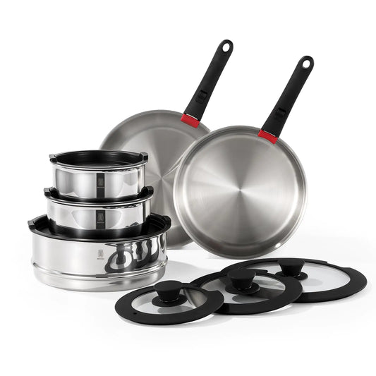 ROYDX 16pcs Pots and Pans Set Stainless Steel Cookware Set Detachable Handle Induction Kitchen Stackable RV Cookware Sets (Camper Boat Small Kitchen) Dishwasher Safe&Oven Safe PFOA Free Silver