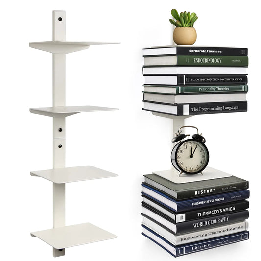 ART-GIFTREE Invisible Floating Bookshelf for Wall Mounted 4 Tier Vertical Spine Book Tower 2 Pack White