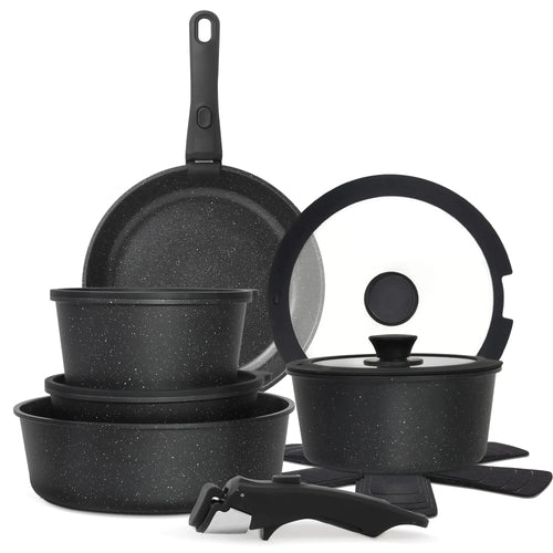 Cuisinluv 15PCS Pots and Pans Set Non Stick Kitchen Cookware Sets with Detachable Handle Ceramic Cookware Sets Non Stick RV Cookware Cooking Set Dishwasher ＆ Oven Safe PFOA Free Black