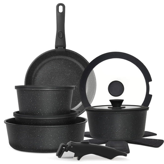 Cuisinluv 15PCS Pots and Pans Set Non Stick Kitchen Cookware Sets with Detachable Handle Ceramic Cookware Sets Non Stick RV Cookware Cooking Set Dishwasher ＆ Oven Safe PFOA Free Black
